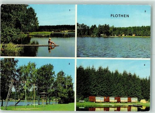 Plothen Am Hausteich Anlagen an der Zeltjugendherberge Bungalows am Hausteich Rückseite mit Abschürfungen bzw Kleberesten