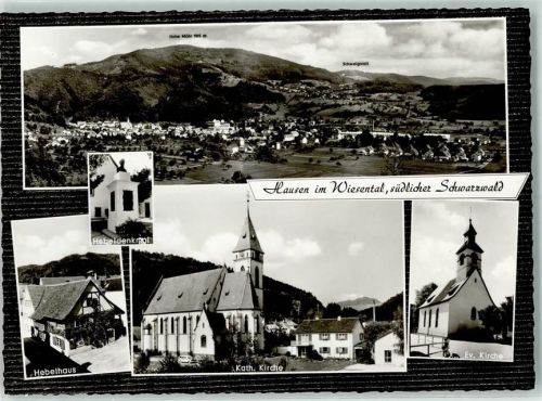 Hausen Rückseite mit Abschürfungen und Kleberesten Hebeldenkmal Hebelhaus Kath. Kirche Ev. Kirche