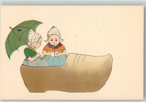 1909 Serie Hollandkinder sitzen im Schuh Buch lesen Regenschirm AK