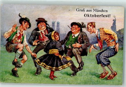 München Männer tanzen mit Münchner Kindl Oktoberfest sign. E.Schlemg