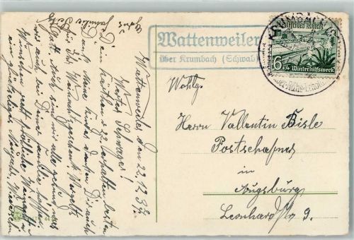 Wattenweiler Landpoststempel über Krumbach Schwab. Briefmarke WHW WK II