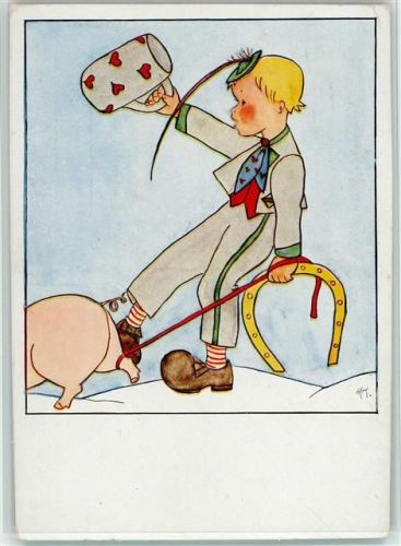 Neujahr - Junge mit einem Schwein, Hufeisen - sign Kündiger - Friedwartverlag 330 AK