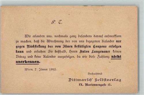 Wien 1895 Kundeninformation Dittmarsch Selbstverlag