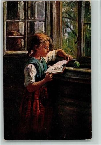 Mädchen steht am Fenster und liest ein Buch , Kunstverlag Rehn & Linzen Nr. 1675 AK