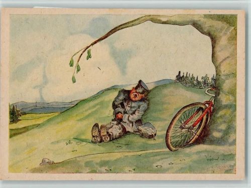 1949 Briefträger mit Fahrrad schläft in der Pause, sign Meihack AK