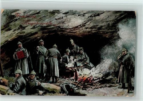 1915 Neujahr - Soldat mit Ziehharmonika, Lagerfeuer AK