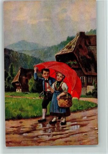 Serie 59197-2 aus dem Schwarzwald, Kinder mit Regenschirm, gute Erhaltung Schwarzwald Maler