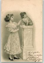 Mädchen mit kleinem Hund Lithographie Edgar Schmidt Serie 7047 Dogge 1900 Prägedruck