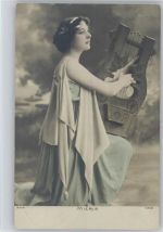 Glamour Frau mit Harfe - Foto AK Musik 1905