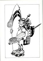 Humor - Mann mit Rollschuhen, Schnorchel, Tennisschläger, Golf Gusrüstung Tennis Künstlerkarte