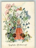 Mädchen mit Wasserkrüge - Blumen und Schmetterlinge ca 1939 AK Schmetterling Künstlerkarte