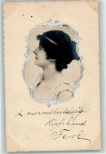 Frauenkopf als Foto im Barock Silberrahmen ca 1902 AK Haarmode Prägedruck