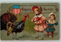 Thanksgiving Greeting - Kinder mit einem Truthahn Thanksgiving Prägedruck