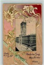 W1000 Berlin Mitte 1900 Rathaus Passepartout Pflanzen Lithographie / Prägedruck