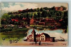 57230 Bitche Gebrauchsspuren Kirche Bahnhof Eisenbahn Lithographie