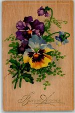 Furnier-AK Bonne Annee Blumen Stiefmütterchen AK Holzkarte