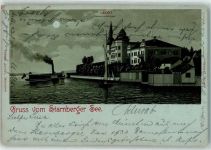 82335 W8137 Leoni , Starnberger See 1904 Lithographie / Mondschein Seitenraddampfer Segelboot