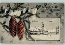 01896 O8514 Pulsnitz 1909 Gebrauchsspuren Markt Passepartout Winter Tannenzapfen Neujahr