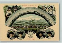 W7972 Isny im Allgäu Panorama v. schwarz. Grat - Trachten - Bild als Fächer, gute Erhaltung Fächer Fotomontage AK