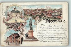 08393 O9612 Meerane 1898 Gebrauchsspuren Rathaus Kirche Bismarck-Denkmal Augustus-Straße Lithographie