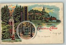 33829 W4807 Cleve Gebrauchsspuren Gruss aus - Lithographie , Amphietheater, Schwanenburg, Moritz Denkmal