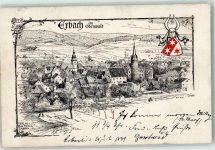 64711 W6120 Erbach , Odenw 1899 Künstlerkarte Kirche Turm Wappen Rot Sterne Hörner sign. Consee