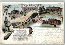 39279 O3404 Loburg b Magdeburg 1899 Lithographie Truppenübungsplatz Berghotel Casino Barackenlager Soldat Pickelhaube Trommler Zielscheibe