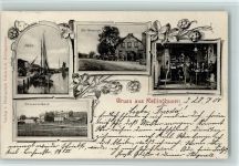 25548 W2217 Kellinghusen 1900 - Gruss aus - Hafen, Tonwarenfabrik, Gasthof zur Fernsicht mit Innenansicht , gute Erhaltung AK