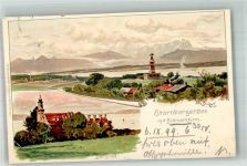 82347 W8139 Bernried , Starnberger See 1899 Lithographie Adelskorrespondenz sign. Strützel, O. Denkmal Bismarckturm Kirche