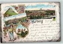 34414 W3530 Warburg , Westf 1897 Lithographie Gruss aus - Einst und Jetzt , Burg Galenberg AK
