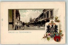 39218 O3300 Schönebeck Elbe Lithographie / Prägedruck Breiteweg Jacobikirche Wappen