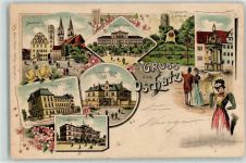 04758 O7260 Oschatz 1904 Lithographie Bismarck-Denkmal Realschule Krankenhaus Bürgerschule Bahnpost Leipzig- Zg 476
