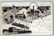 39418 O3250 Staßfurt 1897 Lithographie Gruss aus Rathaus Kriegerdenkmal Salzbergwerk Bahnhof AK