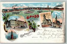 64579 W6084 Gernsheim , Rhein 1903 Lithographie Stadthaus Schöffer-Denkmal Kath. Kirche Ev. Kirche Raddampfer Schiffe