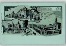 86150 W8900 Göggingen , Bay Lithographie Kurhaus Kutsche Mond Kirche Gruss Blumen