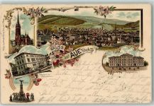 08280 O9400 Aue , Sachs 1898 Lithographie Krieger-Denkmal Fachschule Blechindustrie Bürgerschule
