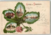 17109 O2030 Demmin 1900 Lithographie Knabenschule Hafen Kriegerdenkmal Marktplatz m. Rathaus u. Kirche