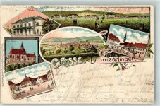 79312 W7830 Emmendingen 1902 Lithographie Bahnhof Kath. Kirche Marktplatz u. Ev. Kirche Rathaus