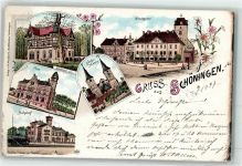 38364 W3338 Schöningen 1897 Gebrauchsspuren Post Kirche St. Lorenz Bahnhof Stadtkeller Litho