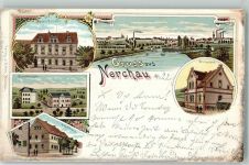 04685 O7246 Nerchau 1900 Gebrauchsspuren Kaiserl. Postamt Beamtenschule Wiesenbad Lithographie