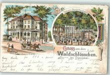 46535 W4220 Dinslaken Gebrauchsspuren Gasthaus Waldschlößchen Gartenwirtschaft Lithographie