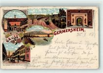 76726 W6728 Germersheim 1903 Lithographie Bahnhof Rheinbrücke Ludwigstor Kaserne Sayssel Bahnpost Bruchsal