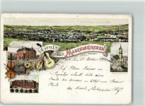 08258 O9659 Markneukirchen 1898 Lithographie Kaiserl. Postamt Schule Gitarre Geige