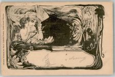 W8000 München sign. Amay Offizielle Postkarte des Bayer. Verkehrs-Vereins Junge Frau mit Fächer neben Amor mit Pfeil und Bogen Künstlerkarte Kunstgeschichte München 1900 Gebrauchsspuren