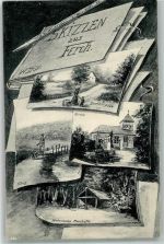 14548 O1501 Ferch 1909 - Skizzen aus Ferch Brückensteg Kirche Histor. Mooshütte Dorfstraße