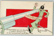 Karikatur Deutscher Kronprinz wird von einer Kanone ergriffen sign. R. Carrey Antipropaganda WK I Künstlerkarte