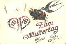 AK von 1941 mit Schwalbe und Blumenkorb, handgeritzt mit eingearbeitetem aufklappbarem Herz, Glimmer Muttertag Collage