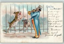 Käfig mit Hunde - Trompete spielen AK Schwarzafrikaner 1900 Lithographie