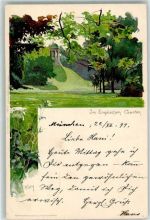 W8000 München sign. Kley Englischer Garten - Velten Verlag - Stadtpost Kley, H. 1897 Lithographie / Künstlerkarte
