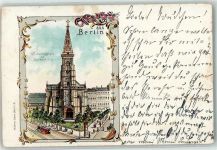 10115 W1000 Wedding 1900 Gebrauchsspuren Weddingplatz mit Dankeskirche Straßenbahn Litfaßsäule Lithographie